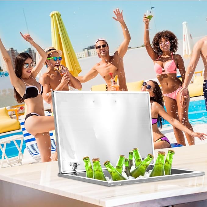 Drop in Ice Chest, 20''L x 14''W x 13''H Stainless Steel Ice Cooler, Commercial Ice Bin with Hinged Cover, 32QT Outdoor Kitchen Ice Bar, Drain-Pipe and Drain Plug Included, Ice Bin for Cold Wine Beer