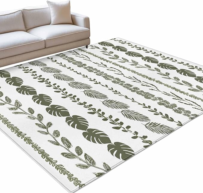 Area Rug 9x12ft, Summer Tropical Leaf Seamless Washable Rugs for Living Room Bedroom Rectangle Floor Carpet, Farmhouse Green Leaves Plant Soft Non-Slip Area Rugs for Dining Room