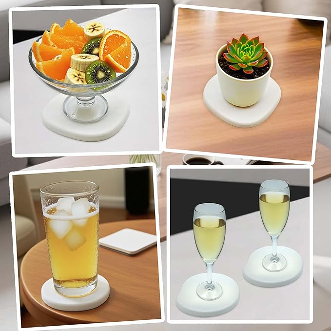 Diatomite Coasters Set of 6 | Absorbent Coasters for Drinks Cute Modern Unique Aesthetic Stone Coaster for Desks Coffee Table Instant Drying with 24 Removable Scratch Protection Pads - White