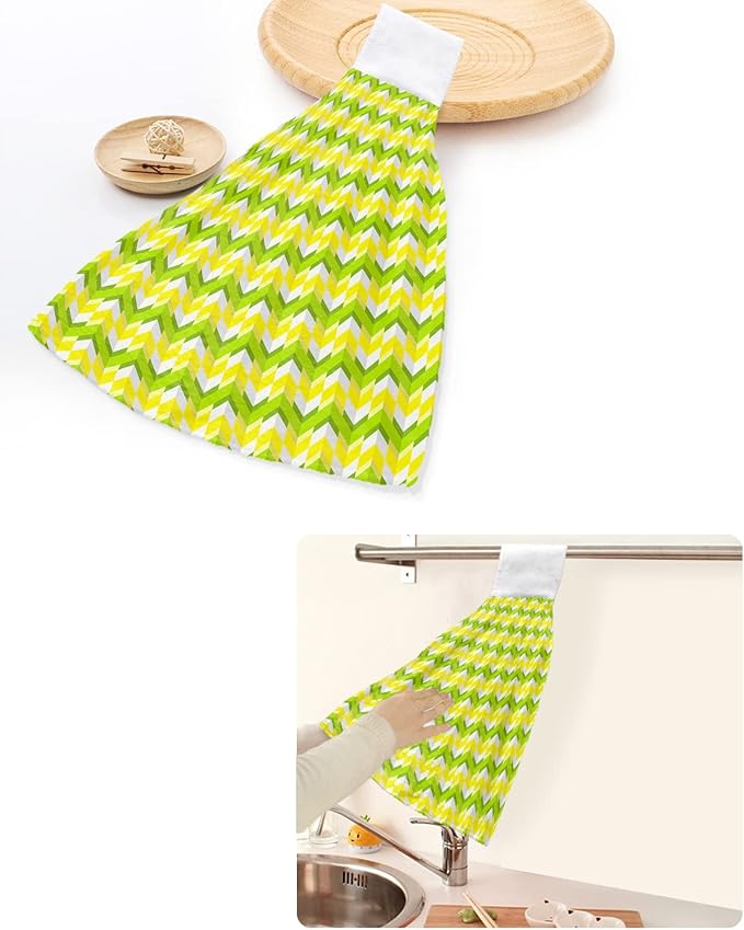 Alandar Home Kitchen Tie Towel Set of 2, Modern Chevron Striped Geometric Art Absorbent Soft Hand Towels for Bathroom Hanging Towels, Yellow Green Fast Drying Cleaning Cloth with Loop