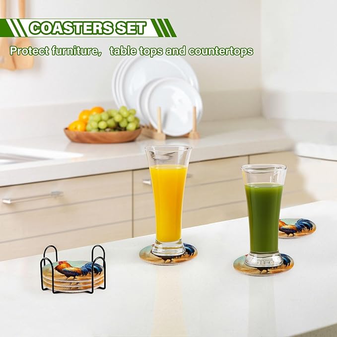 YETTASBIN Rooster 6 Pcs Drink Coasters with Holder, Cotton Woven Absorbent Heat-Resistant Round Coaster Non-Slip Table Mat for Kitchen Bar Home Decor Housewarming Gift, 3.9 in