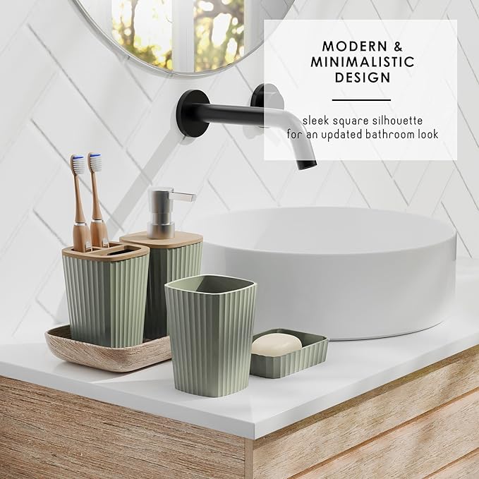 Clara Clark Bathroom Accessories Set - Bathroom Set, Bathroom Sets with Shower Curtain and Rugs, Shower Curtain Set with Trah Can - Sage Green - 22PC