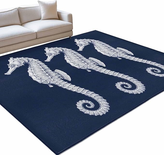 Area Rug 4x6ft, Ocean Life Seahorse Navy Blue Washable Rugs for Living Room Bedroom, Summer Nautical Theme Soft Non-Slip Area Rugs Rectangle Floor Carpet for Dining Room