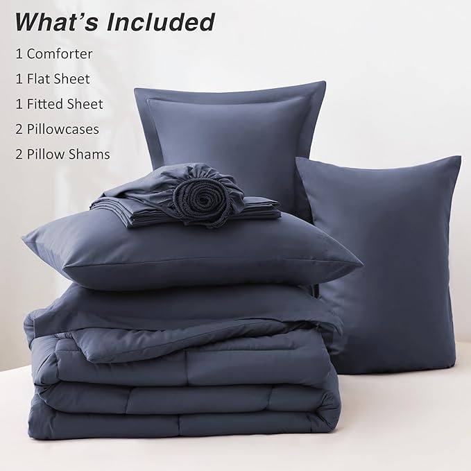Love's cabin California King Comforter Set Indigo Blue, 7 Pieces California King Bed in a Bag, All Season Bedding Sets with 1 Comforter, 1 Flat Sheet, 1 Fitted Sheet, 2 Pillowcase and 2 Pillow Sham | Soft, Breathable, Lightweight, Comfortable
