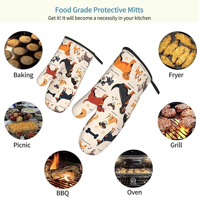 Dogs Design Oven Mitts of 2-Pack, Funny Kitchen Gloves Heat Resistant Non-Slip Kitchen Mitts Safe Cooking Baking Grilling