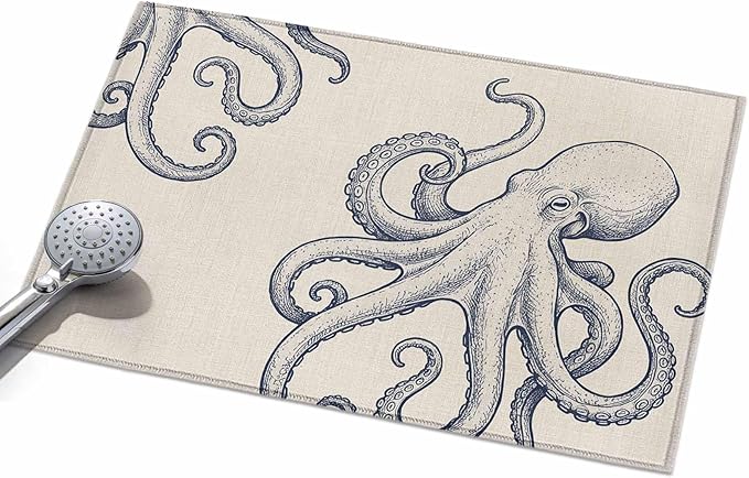 Area Rug 2x3ft, Marine Octopus Sea Monster Washable Rugs for Living Room Bedroom, Farmhouse Ocean Life on Linen Soft Non-Slip Area Rugs Rectangle Floor Carpet for Dining Room