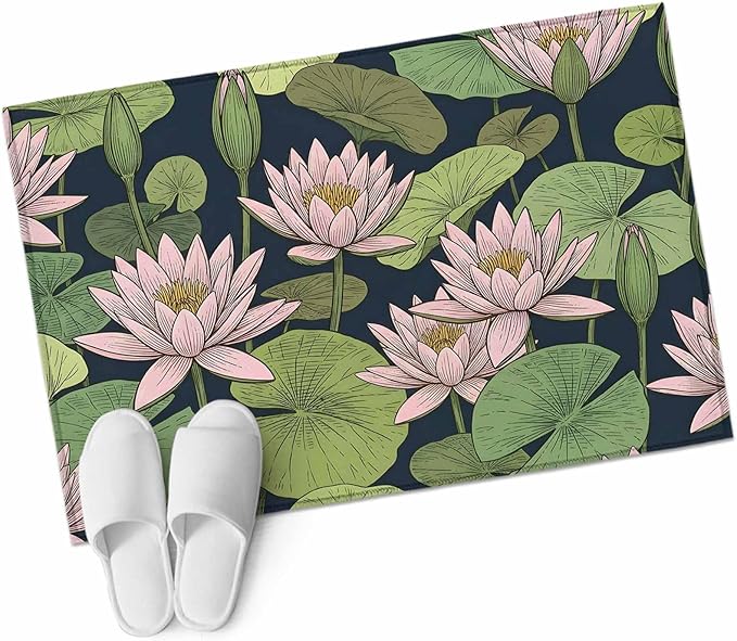 Area Rug 2x3ft, Pink Lotus Water Lily Dark Green Leaves Washable Rugs for Living Room Bedroom, Oriental Style Soft Non-Slip Area Rugs Rectangle Floor Carpet for Dining Room