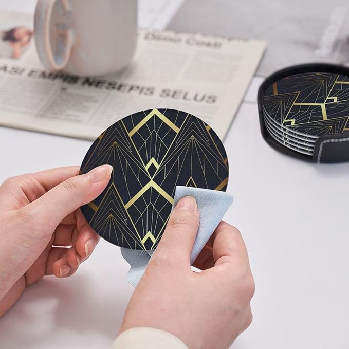 Abstract Art Deco Leather Drinks Coasters with Holder, Set of 6, Suitable for Various Cups