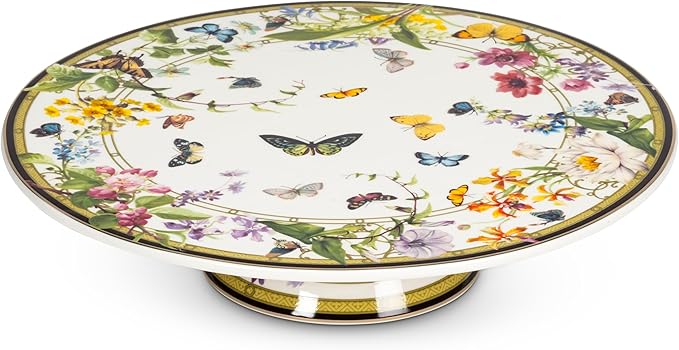 Abbott Collection Butterfly Garden Pedestal Cake Stand - Bone China, White/Green (10.5"D)