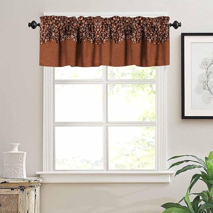 Coffee Kitchen Valance, Brown Coffee Beans Farmhouse Rustic Short Window Curtains for Cafe Kitchen Dining Room Resturant Bedroom Living Room, 54x18Inch