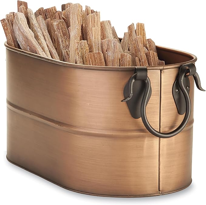 Plow & Hearth Vintage-Style Antique Copper Firewood Bucket with Wrought Iron Handles | Decorative Firewood Rack | Galvanized Steel Log Holder for Fireplace (Small)