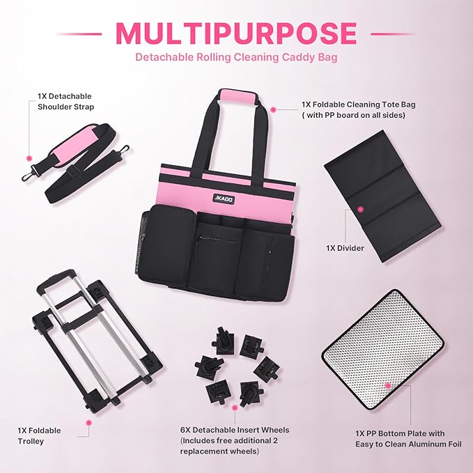 JKAOO Large Rolling Cleaning Caddy Bag with Detachable Trolley, Waterproof Cleaning Caddy on Wheels for Housekeepers, Cleaning Cart Supplies Organizer for Home,Car,Office,Picnic (Pink) (in Patent)