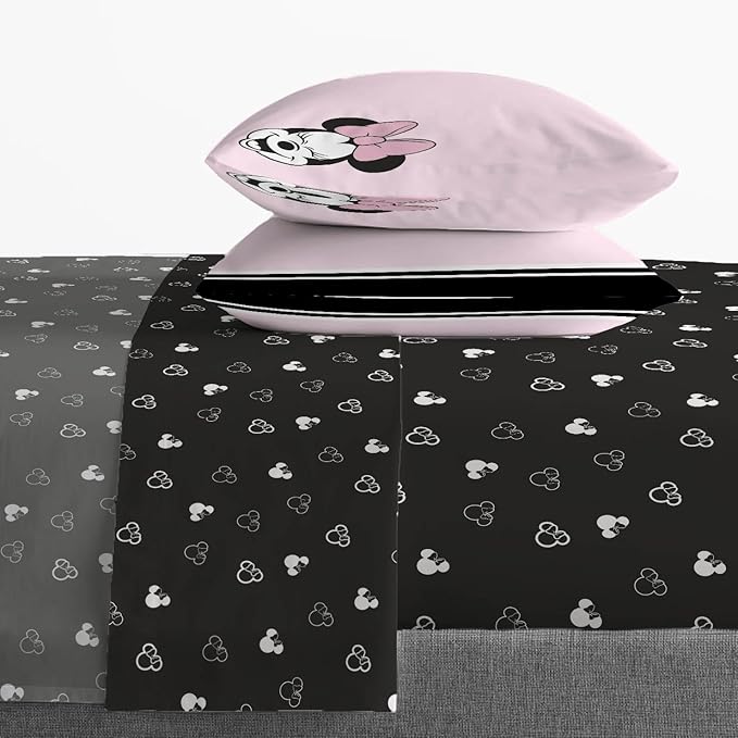 Jay Franco Kids Sheet Set with Fitted, Flat Sheets & Pillow Cover - Ultra-Soft Bedding with Pillowcase for Room Decor, Black - Minnie Mouse, 4 Piece Full