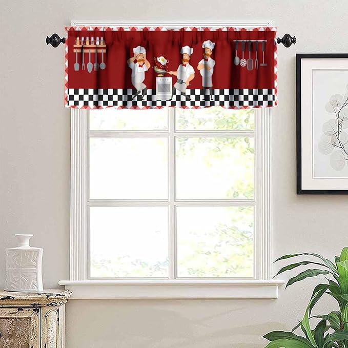 Funny Chef Kitchen Valance, Red Checkered Cartoon Chef Cooking Scene Rod Pocket Window Curtain for Kitchen Dining Resturant Bedroom Home Decor, 54x18Inch