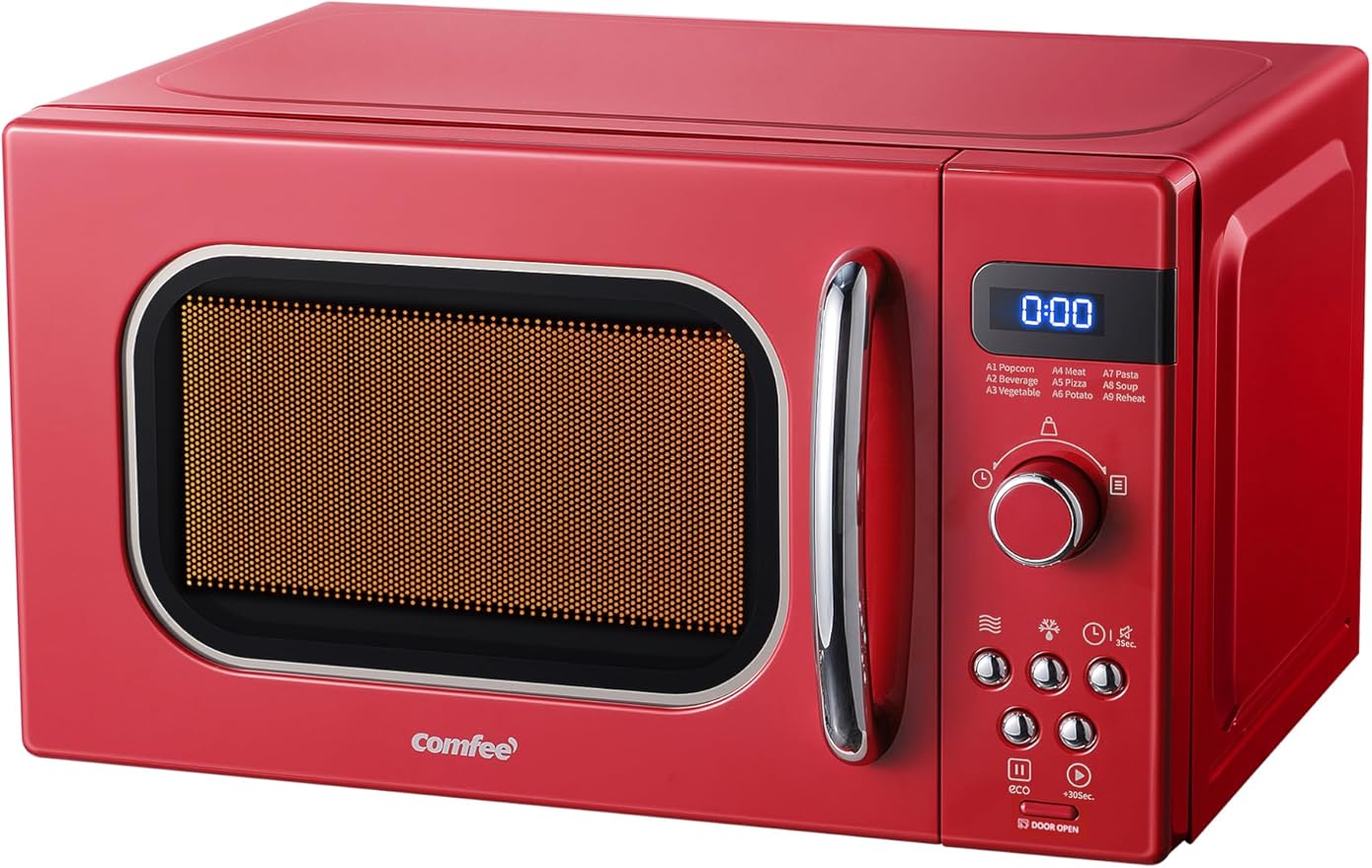 COMFEE' Retro Small Microwave Oven With Compact Size, 9 Preset Menus, Position-Memory Turntable, Mute Function, Countertop Microwave Perfect For Small Spaces, 0.7 Cu Ft/700W, Red, AM720C2RA-R