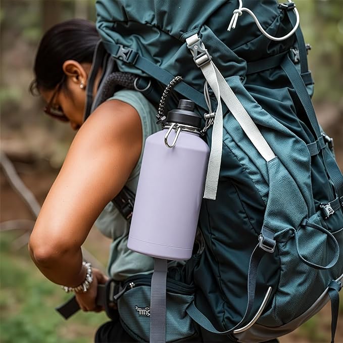 Fijinhom Gallon Water Bottle with 2 Lids (Straw & Spout), 304 Stainless Steel Water Jug with Handle and Wide Mouth, 1 Gallon Vacuum Double Walled Jug for Sports, Outdoors, Purple, 128 oz