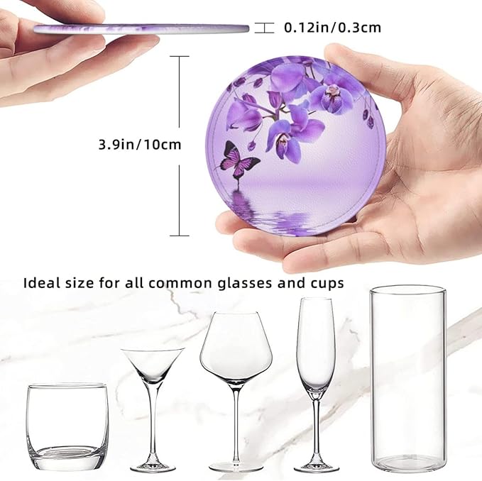 Famame 6 Pcs Orchid Purple Butterfly Leather Coasters for Drinks with Holder Coaster Sets Drink Table Cup Coasters for Living Room Kitchen Coffee Decor