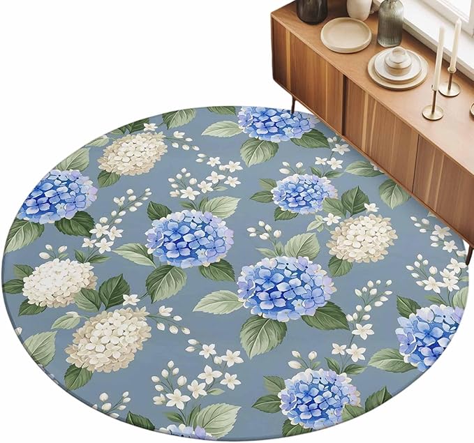 Washable Round Area Rug Watercolor Purple White Hydrangea Circle Rugs Floor Carpet for Living Room Bedroom, Spring Flower on Gray Blue Soft Non Slip Round Rug 3ft
