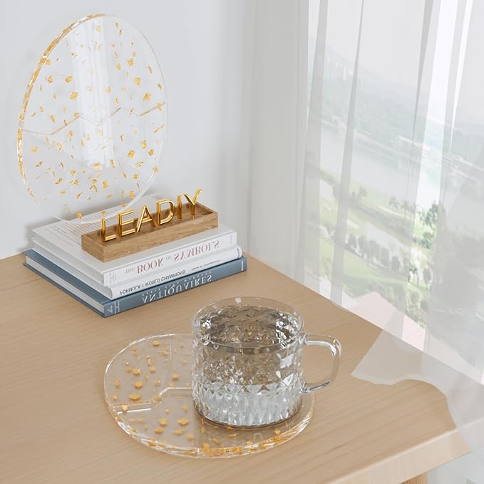 Acrylic Coaster Decorative Plates,2Pcs/Set Office Desk Accessories, Clear Dinosaur Egg Shape Coffee Cup Decor, Perfect for Tabletop Protection and Display.(Gold)