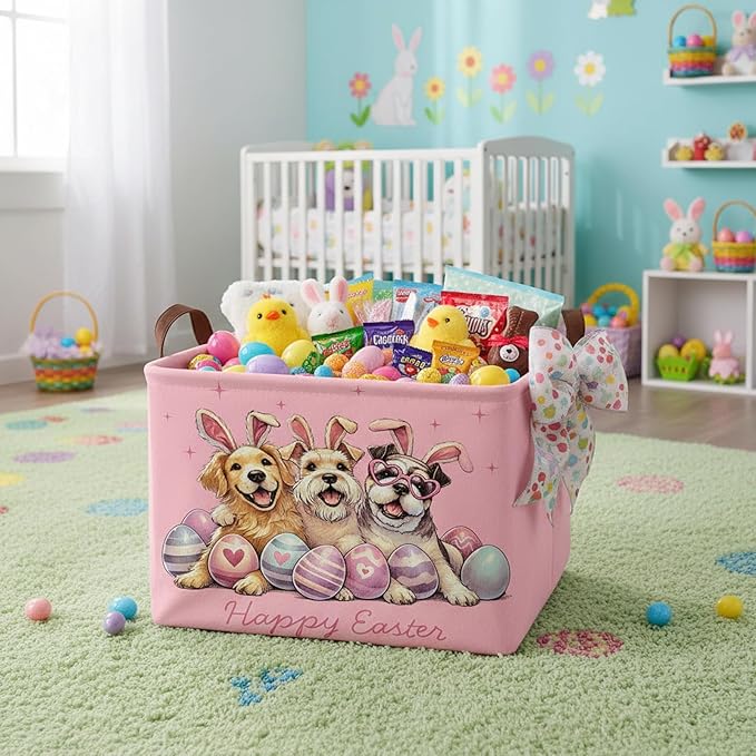 Large Rectangular Cute Kid Easter Basket Empty Bunny Eggs Easter Basket Gift Spring Room Storage Organizer Décor (E-02)