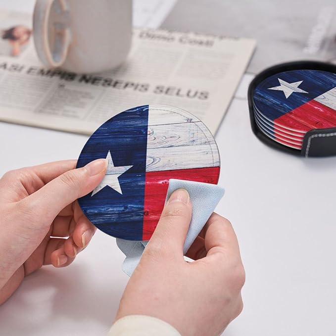 Texas Flag Wooden Leather Drinks Coasters with Holder, Set of 6, Suitable for Various Cups