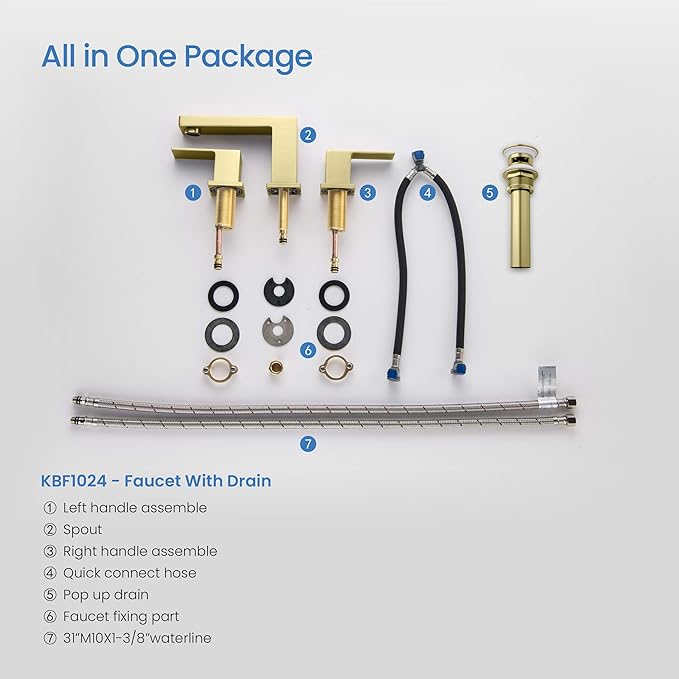 KIBI 2-Handle Cube Bathroom Sink Faucet with Drain Assembly | 3-Hole Installation, Solid Brass Construction | 8-Inch Wide Spread Lavatory Faucet | Brushed Gold Finish, KBF1024