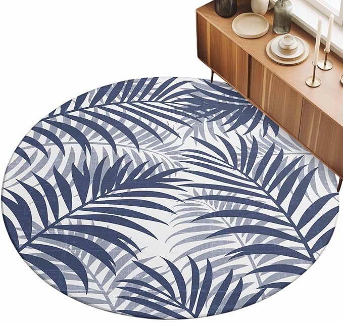 Washable Round Area Rug Abstract Navy Blue Palms Leaves Circle Rugs Floor Carpet for Living Room Bedroom, Summer Botantical Soft Non Slip Round Rug 3ft