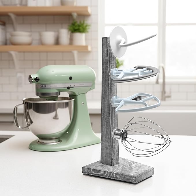 Besuerte Stand Mixer Attachment Holder, Wooden Counter Stand Holder with 4-pack Plastic Hangers Kitchen Accessories Storage Organizer Compatible with Kitchenaid Mixer Attachments for Space-saving