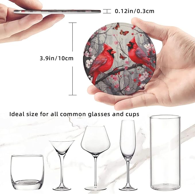 Famame 6 Pcs Butterflies Birds Cherry Leather Coasters for Drinks with Holder Coaster Sets Drink Table Cup Coasters for Living Room Kitchen Coffee Decor