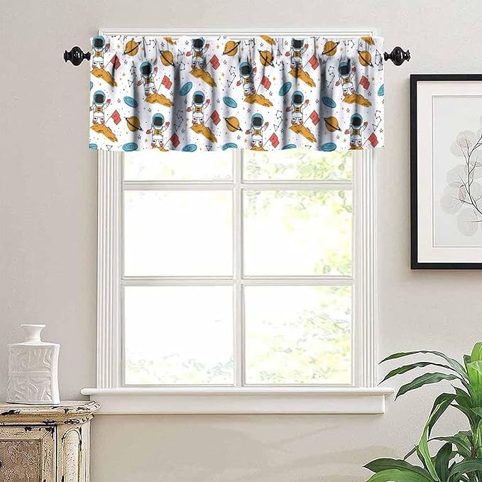 Cartoon Space Astronaut Valance, Funny Spaceman Stars Planet Kids Boys Girls Window Treatment for Kitchen Dining Room Bedroom Nursery, 54x18Inch