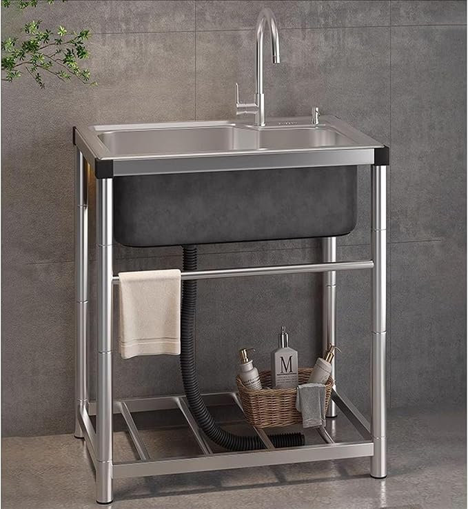 Outdoor Stainless Steel Utility Sink,Standalone Stainless Steel Sink,Small Stainless Steel Utility Kitchen Sink Tub with Storage Shelve and Faucet for Restaurant,Bar,Laundry, Garage, Backyard