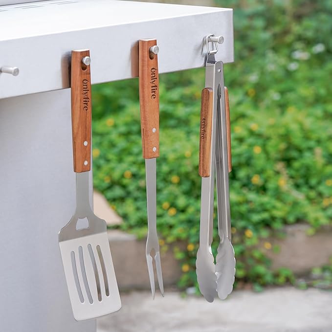 onlyfire Grill Tool Set Stainless Steel Griddle Accessories for Outdoor Camp Chef, Multifunctional Grill Utensil Set Including Grill Spatula, Meat Fork, Barbecue Tong and BBQ Gloves - Set of 5