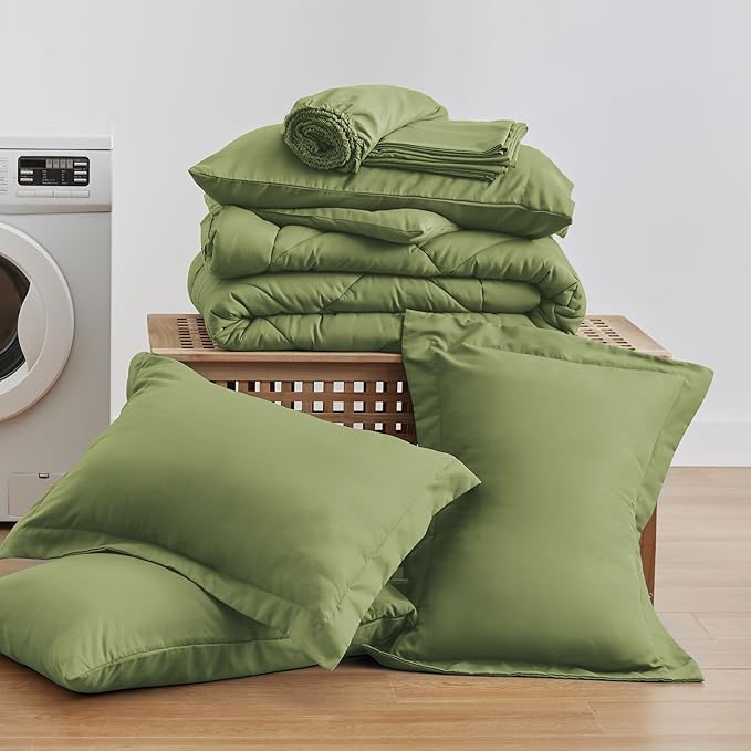 Love's cabin King Size Comforter Set Olive Green, 7 Pieces King Bed in a Bag, All Season Bedding Sets with 1 Comforter, 1 Flat Sheet, 1 Fitted Sheet, 2 Pillowcase and 2 Pillow Sham | Soft, Breathable, Lightweight, Comfortable