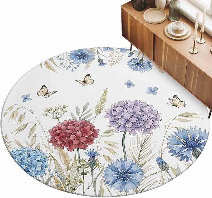 Washable Round Area Rug Watercolor Hydrangea Flower Circle Rugs Floor Carpet for Living Room Bedroom, Garden Floral Butterfly Leaves Soft Non Slip Round Rug 5ft
