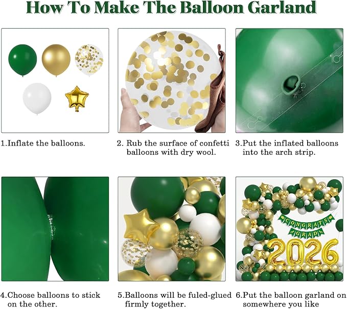 Graduation Decorations Class of 2026: Green and Gold Graduation Balloon Arch Garland Kit and Gold Confetti Balloons Congrats Grad Banner 2026 Foil Balloon Decorations For Grad Party