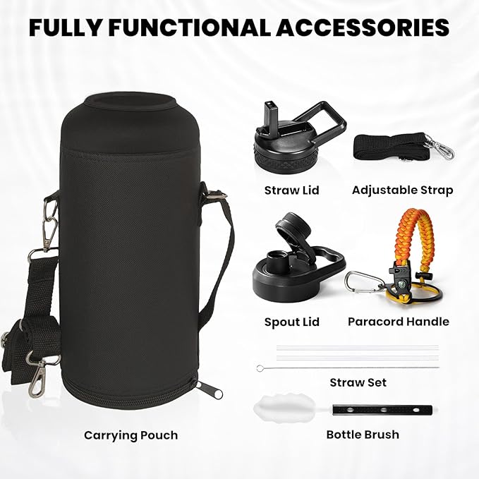 RAYMYLO Insulated Water Bottle 87 oz, Triple Wall Vacuum Stainless Steel (Cold for 48 Hrs), Leak Proof & Non-BPA, Modern Water Flask Jug with Paracord Handle & Straw Spout Lids, Ombre Orange