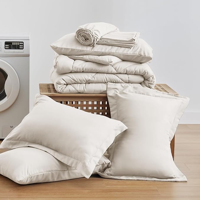 Love's cabin King Size Comforter Set Off White, 7 Pieces King Bed in a Bag, All Season Bedding Sets with 1 Comforter, 1 Flat Sheet, 1 Fitted Sheet, 2 Pillowcase and 2 Pillow Sham | Soft, Breathable, Lightweight, Comfortable