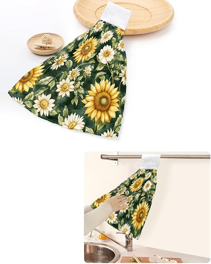 Alandar Home Kitchen Tie Towel Set of 1, Country Sunflower Green Watercolor Leaves Absorbent Soft Hand Towels for Bathroom Hanging Towels, Blossom Floral Fast Drying Cleaning Cloth with Loop
