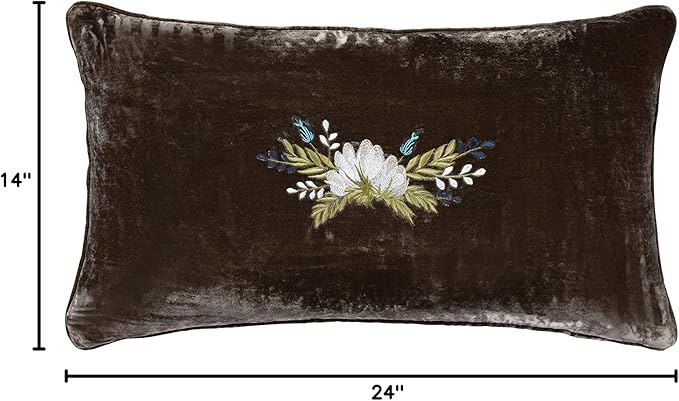 HiEnd Accents Stella Faux Silk Velvet Western Floral Embroidered Lumbar Pillow, 14x24 inch, Green Ochre, Romantic Western Modern Traditional Style Luxury Bedding, Decorative Throw Pillow