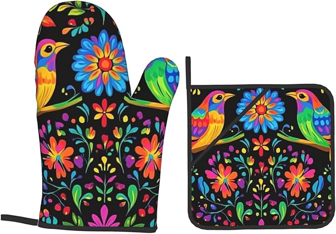 4 Pcs Mexican Flower Oven Mitts and Potholders,Kitchen Oven Glove with Pot Holders,Non-Slip Gloves High Heat Resistant 500 Degree for BBQ, Grill, Baking, Cooking, Oven, Microwave