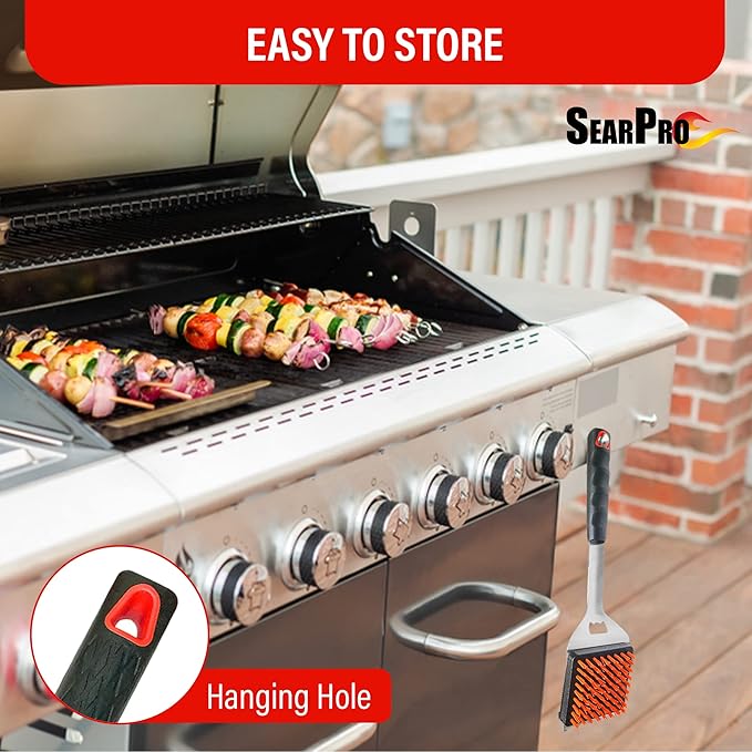 4-in-1 Grill Brush Combo by SearPro BBQ Cleaner Scraper Barbecue Tool Accessories Kit Heat Resistant Nylon Bristle Spatula Outdoor Smoker Black Stone Grate Cast Iron Spatula Non-Wire Brush (4 in 1)
