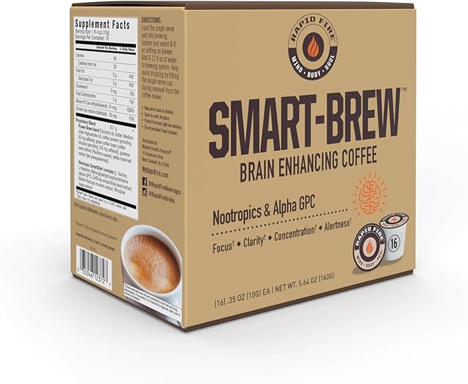 Rapidfire Smart-Brew Nootropics Coffee Pods - High Performance Infused Concentrate, Supports Energy and Brain Function, 16 Count