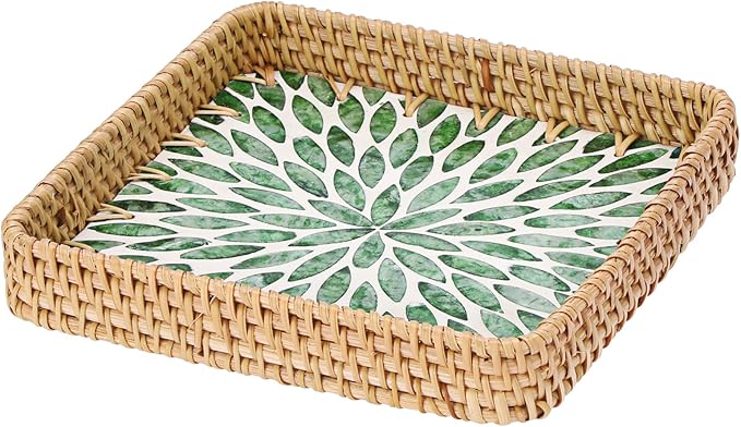 Woven Key Basket for Entryway Table Wicker Basket Tray Key Holder Decorative Serving Tray with Mother-of-Pearl Inlay for Jewelry, Green