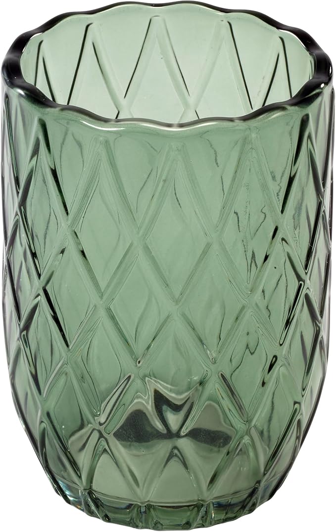 Nicole Miller – Bathroom Accessory Set, Embossed Glass with Diamond Trellis Design & Scalloped Edge, Decorative Lotion Pump, Soap Dish, Toothbrush Holder & Tumbler (Bijou Green)
