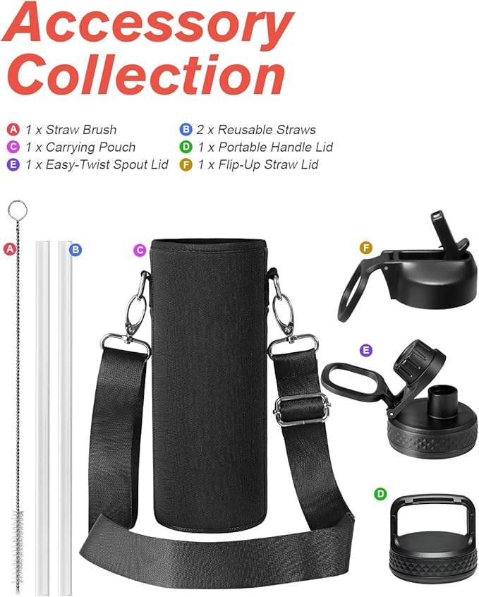 Coolflask Water Bottle 24 oz Insulated with Straw, Stainless Steel Metal 3 Lids Water Flask Wide Mouth for Sports or Office, Non-BPA Keep Cold Up to 48 Hrs or Hot Up to 24 Hrs, Magic Black