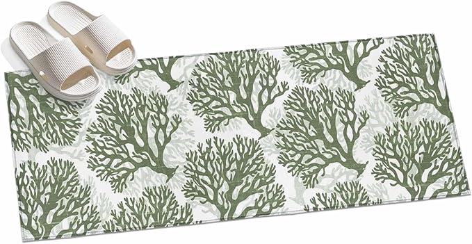 Runner Rug for Bedroom Hallway, Deep Forest Green Corals Kitchen Runner Rugs Area Rug 2x6ft, Retro Marine Life Washable Soft Floor Carpet for Entryway Stair
