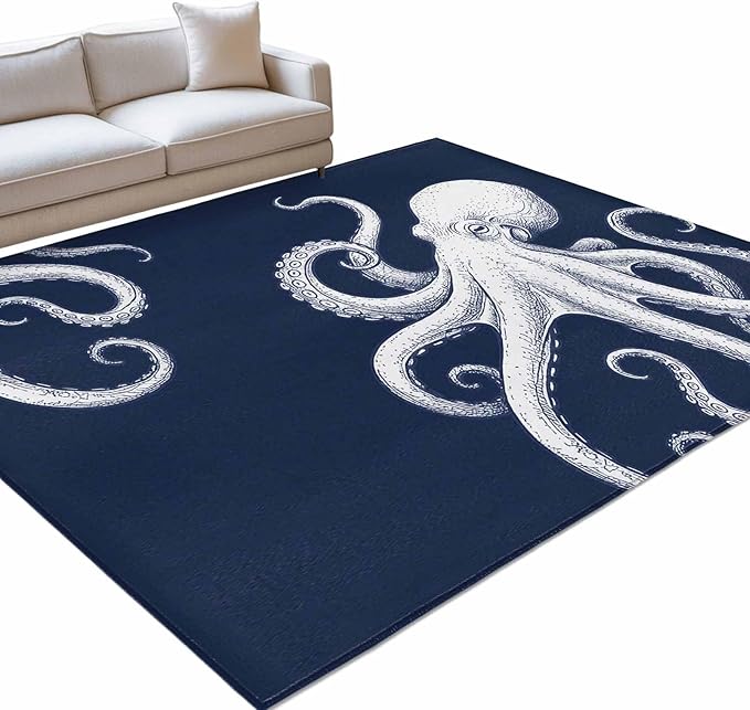 Area Rug 9x12ft, Underwater Ocean Giant Octopus Washable Rugs for Living Room Bedroom Rectangle Floor Carpet, Navy Blue White Marine Life Soft Non-Slip Area Rugs for Dining Room