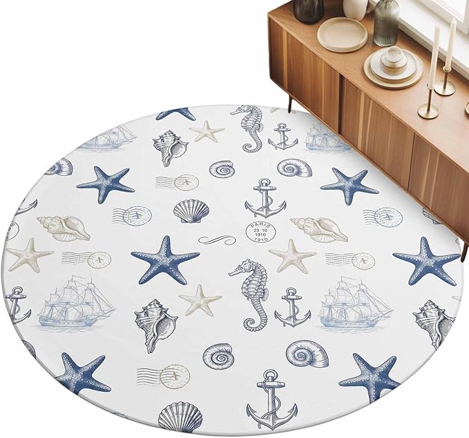 Washable Round Area Rug Ocean Starfish Seahorse Shell Conch Circle Rugs Floor Carpet for Living Room Bedroom, Nautical Compass Anchor Soft Non Slip Round Rug 3ft