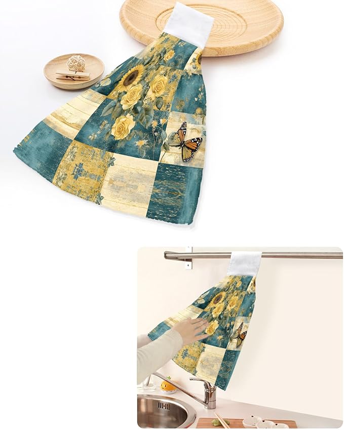 Alandar Home Kitchen Tie Towel Set of 1, Farm Sunflower Rose Butterfly Absorbent Soft Hand Towels for Bathroom Hanging Towels, Vintage Floral on Plaid Fast Drying Cleaning Cloth with Loop