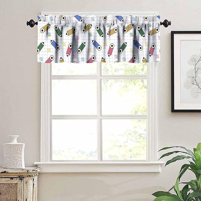 Colorful Pencil Valance Curtain, Back to School Cartoon Fun Crayon Study Painting Short Window Treatment for Kitchen Bedroom School Classroom, 54x18Inch